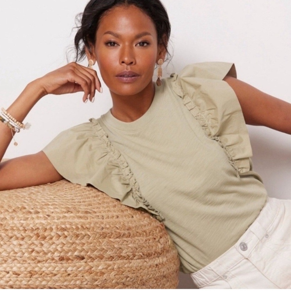Nation LTD Anthropologie Para Boxy Tee sage green Ruffle Sleeve Blouse -